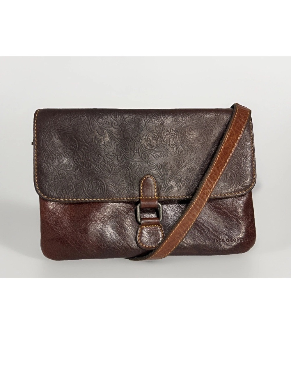 Jack Georges Voyager Brown Floral Embossed Leather Crossbody Bag Shoulder Purse
